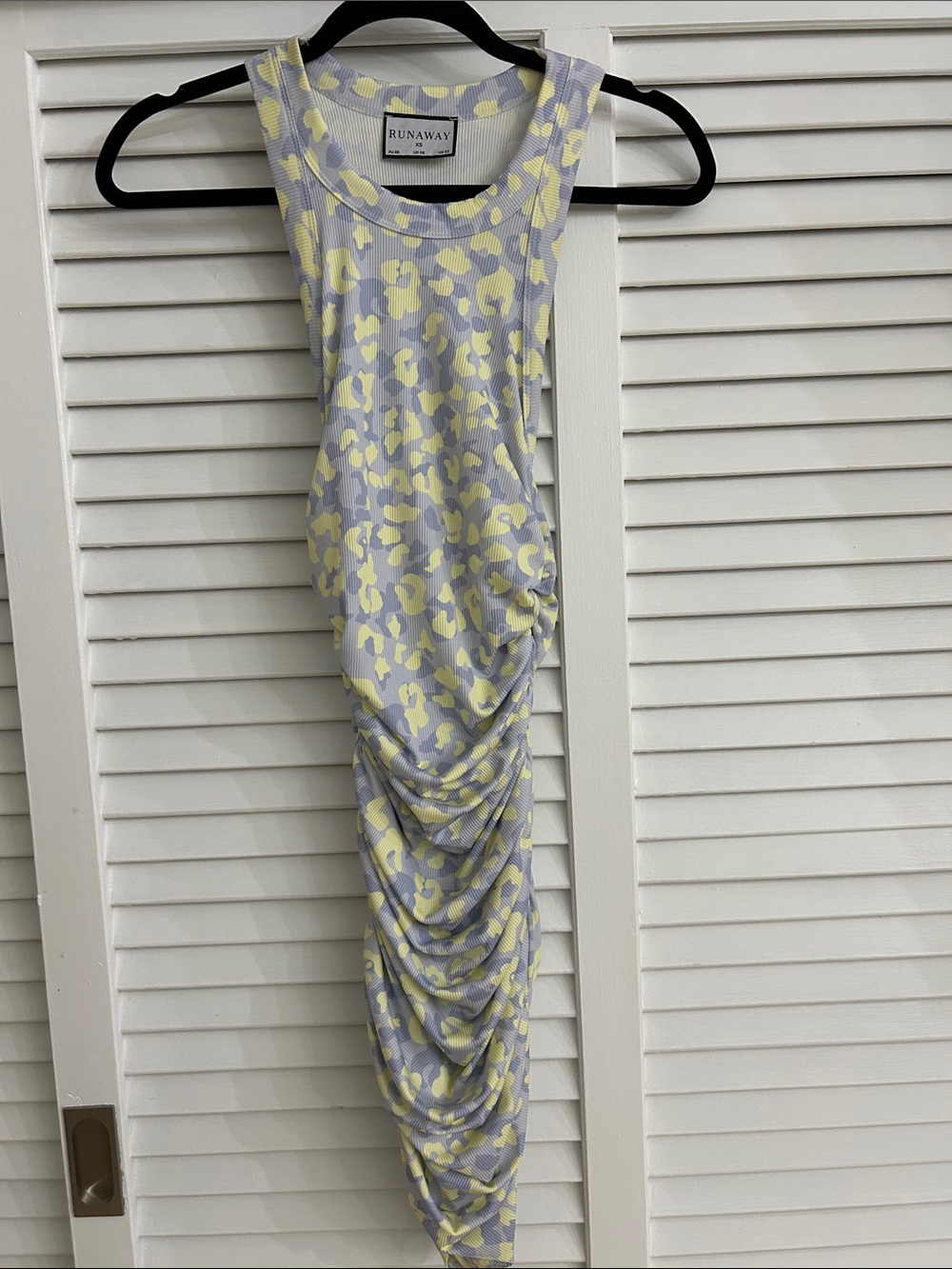 Away Sleeveless Ruched Midi Dress in Yellow and Purple Animal Print